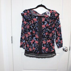 Sui By Anna Sui Black Floral Lace 3/4 Sleeve Blouse Size XS
